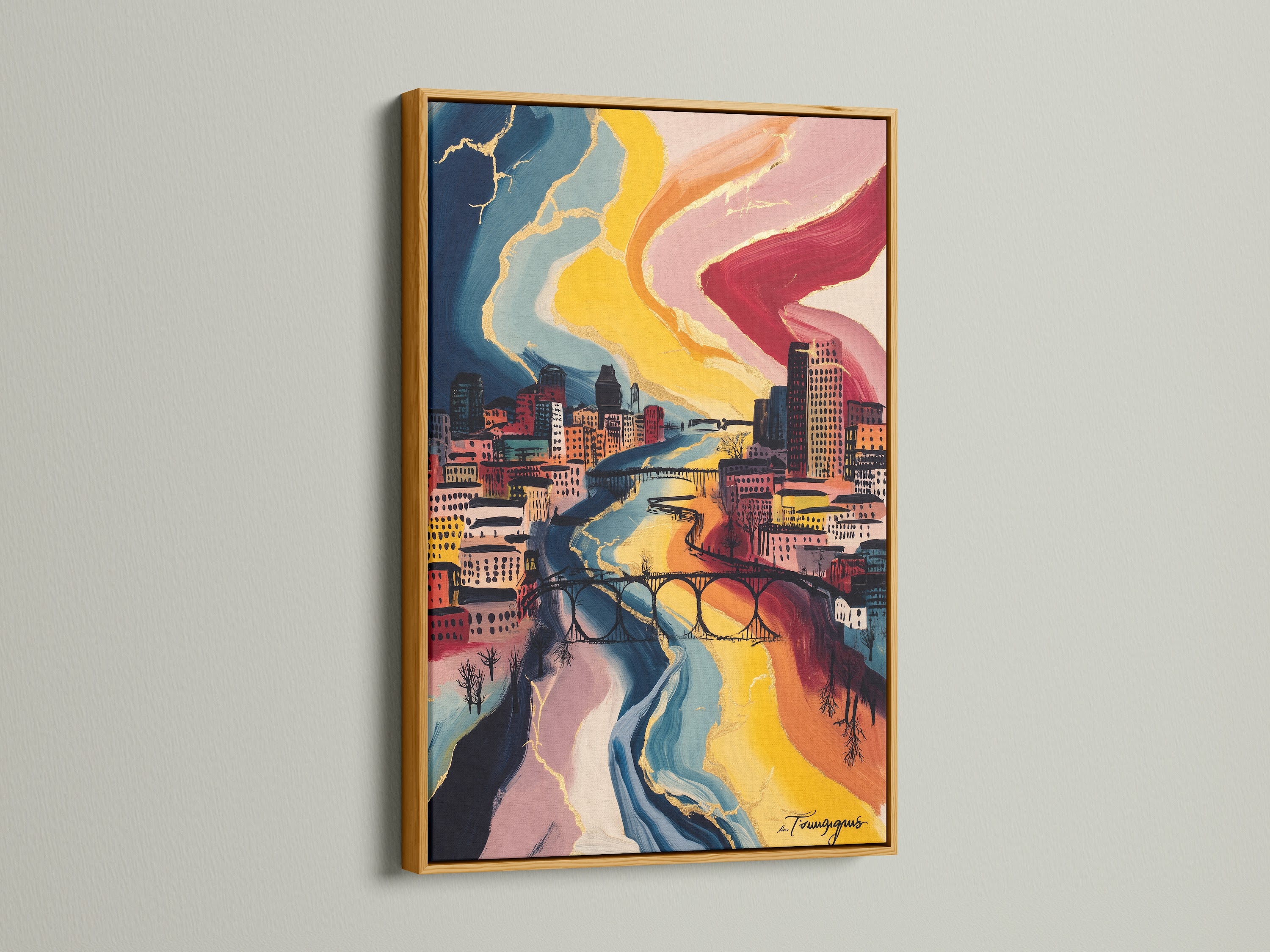 Bring luxury to your walls with our cityscape artwork. This vibrant urban canvas features a stunning gold frame. The gold frame adds a touch of elegance to the modern skyline print. Ideal for creating a stylish focal point. Discover the beauty of colorful art.
