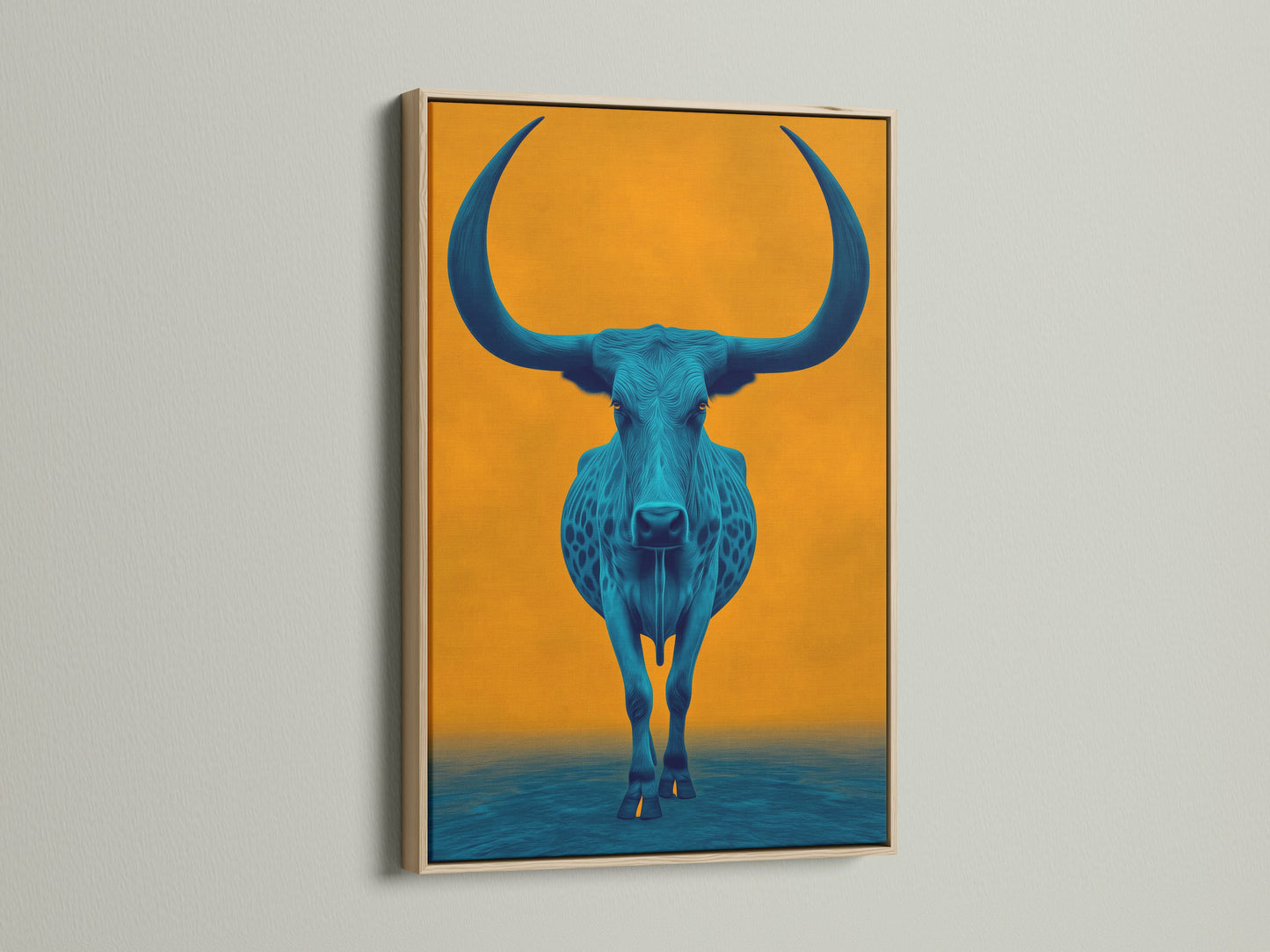 Elevate your space with a longhorn bull canvas print. The blue animal art is framed in oak. The artwork adds a touch of western charm to your home or office. The teal and orange hues create a modern farmhouse feel. This is a stylish choice for art lovers.