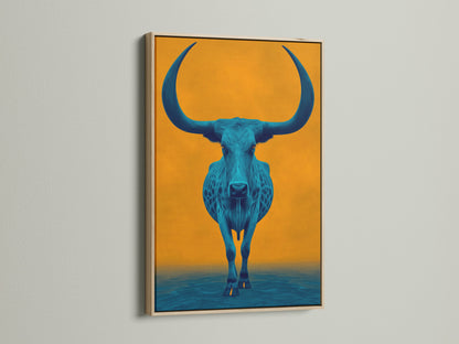 Elevate your space with a longhorn bull canvas print. The blue animal art is framed in oak. The artwork adds a touch of western charm to your home or office. The teal and orange hues create a modern farmhouse feel. This is a stylish choice for art lovers.