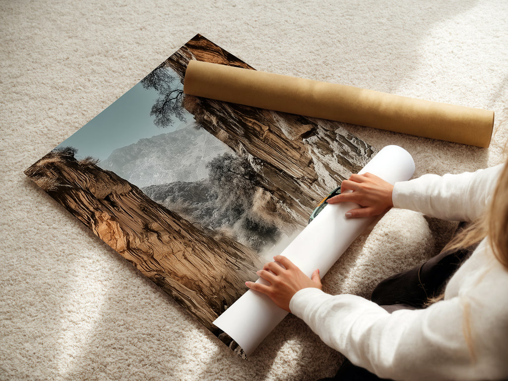 A woman rolling a fine art poster paper of Sports Car Canyon Artwork. This desert landscape wall art features a green sports car. The fine art poster is perfect for car enthusiasts looking to add a touch of modern style to their space.