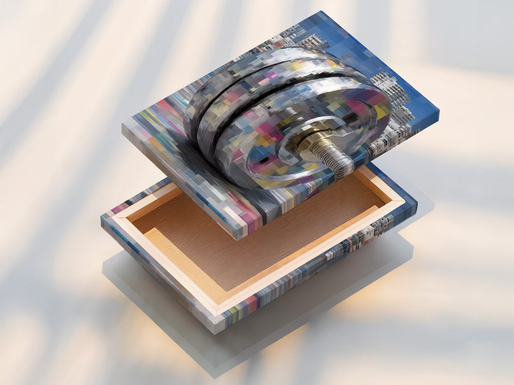 See the stretched canvas print. The industrial machinery art is ready to hang. This modern mechanical wall art transforms spaces. The digital pixel print is vibrant. Enhance your fitness studio decor with this piece.