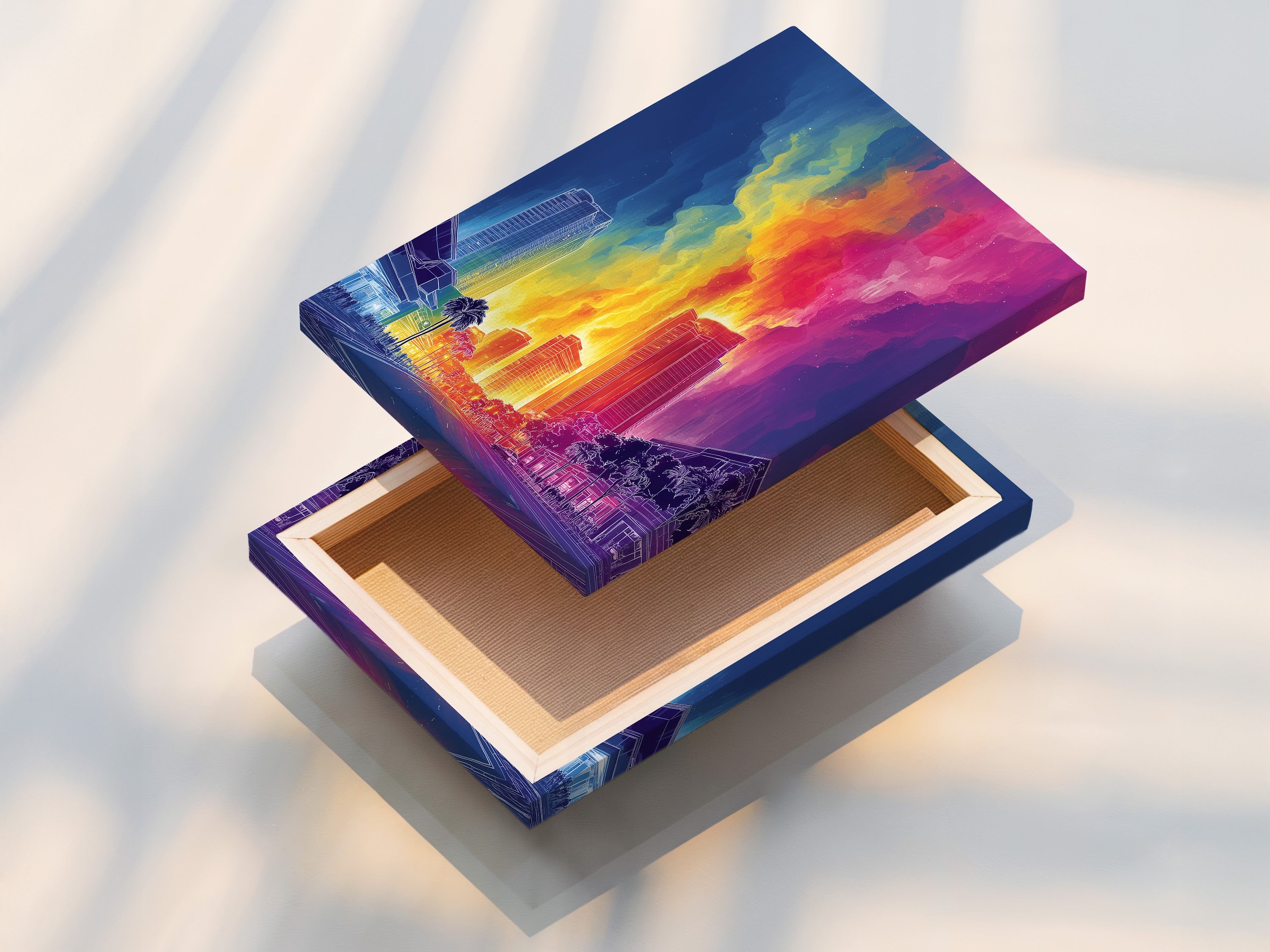 A beautifully stretched canvas print of a neon cityscape artwork. This vibrant urban wall art is ready to hang. The stretched canvas provides a clean frameless look. The colors are vivid and eye-catching. This contemporary wall decor will enhance your living space instantly.