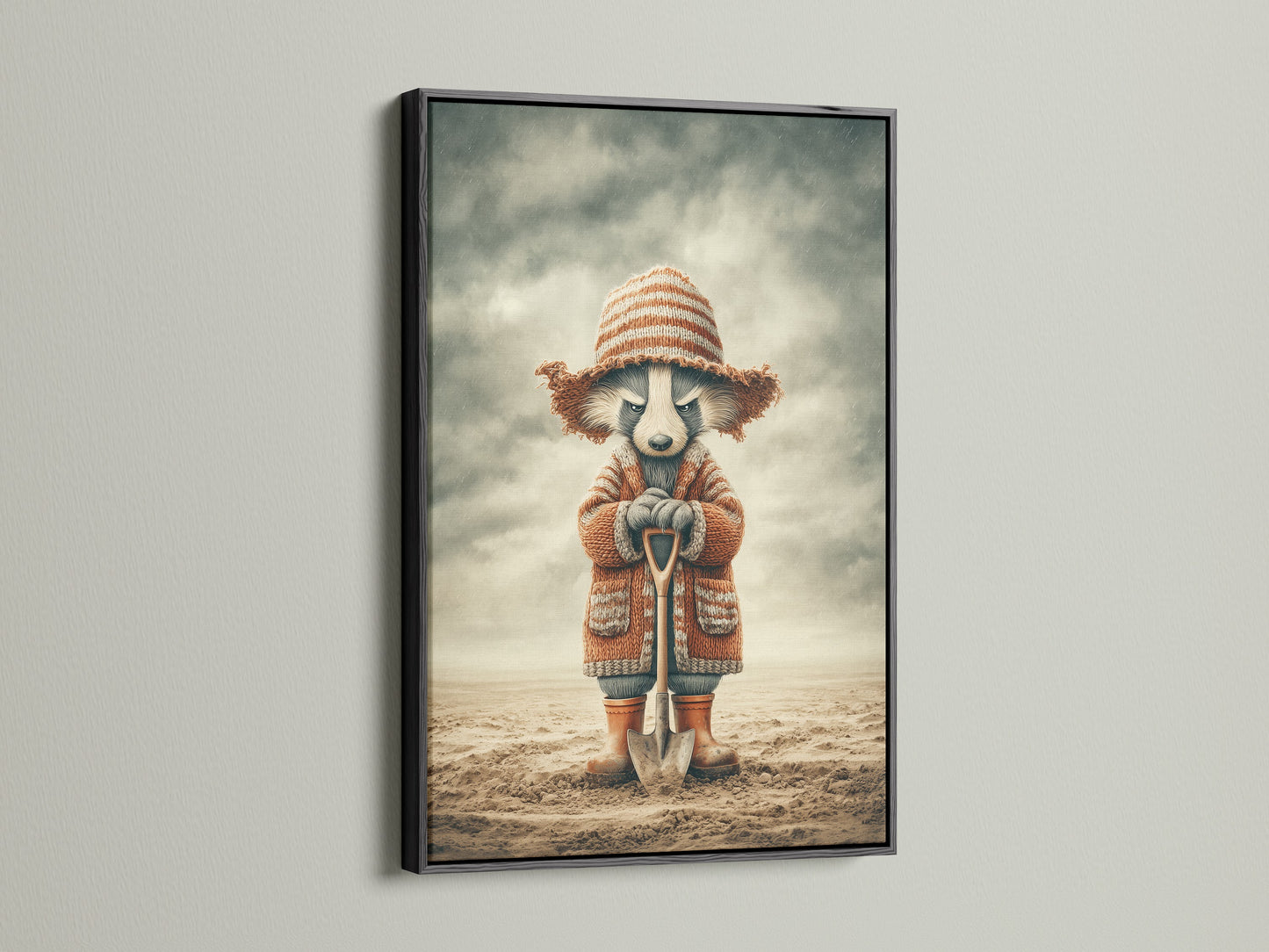 This charming raccoon artwork print is encased in a sleek black frame. The vintage kids art complements a variety of decor styles. This animal art print brings a touch of whimsy. It's great for kids room art or home bar decor. Enhance your woodland decor today.