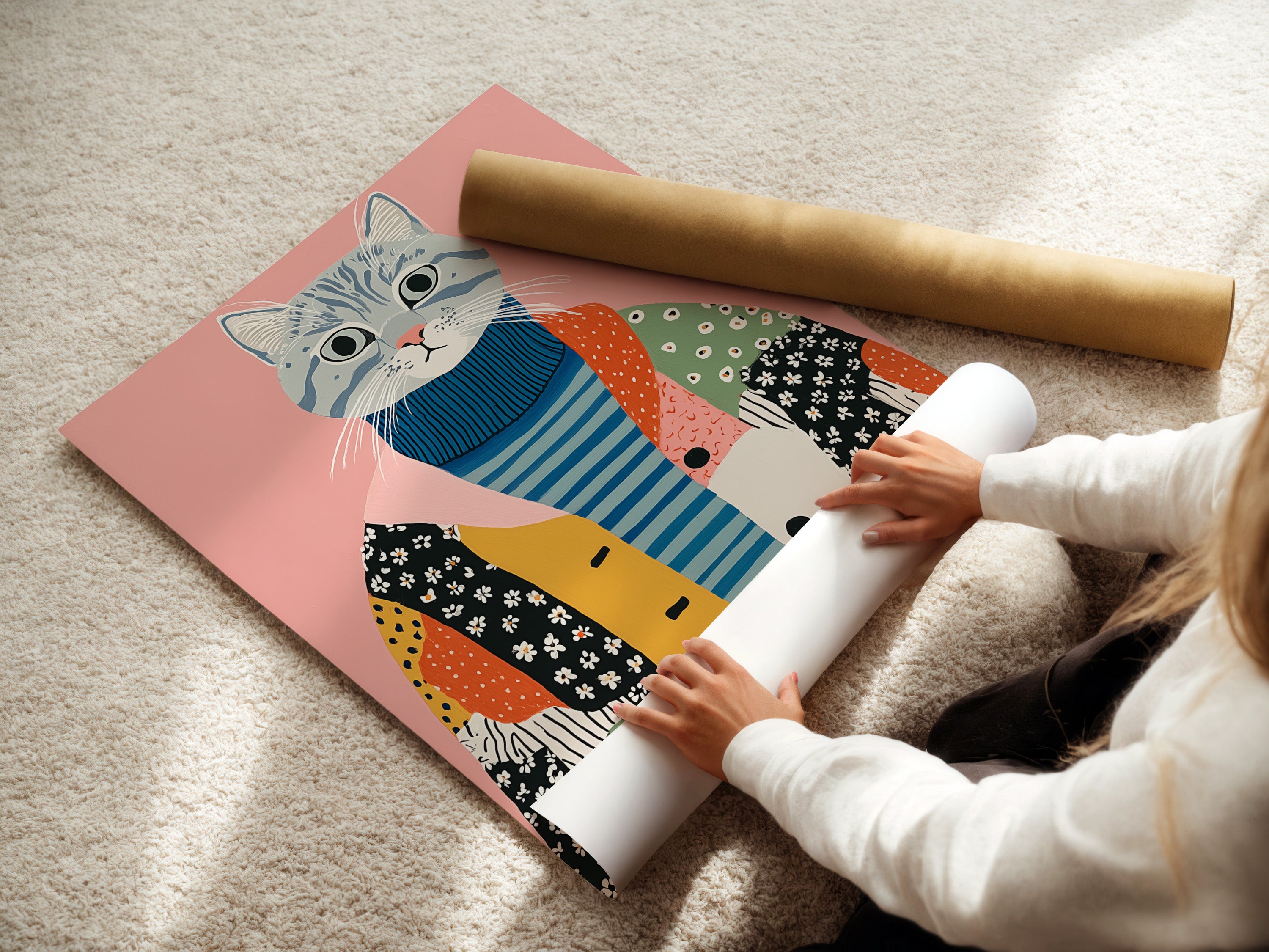 Quirky Cat Art Print - Folk Art Cat Canvas, Whimsical Animal Wall Art for Nursery & Kids Room Decor