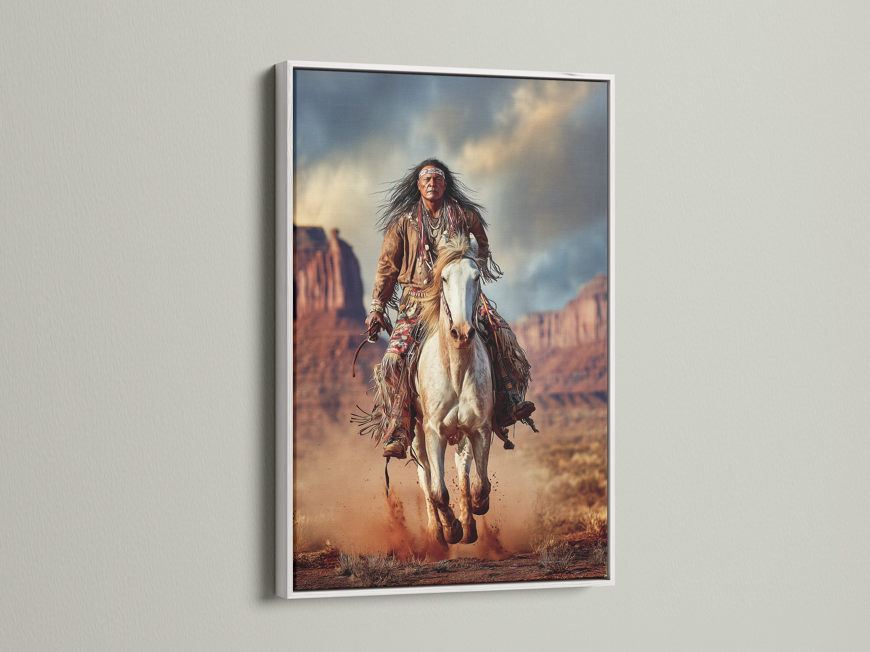 Native American Warrior Canvas Print - Western Horse Art, Southwestern Wall Decor for Office Man Cave