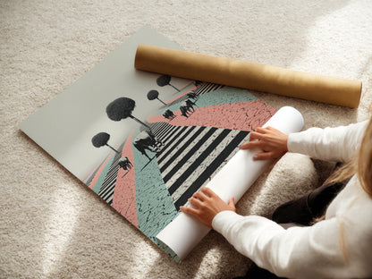 A woman carefully rolls a fine art poster paper print. This ensures safe shipping and handling. Get your cow artwork delivered in perfect condition. Choose fine art paper for your surreal animal artwork.