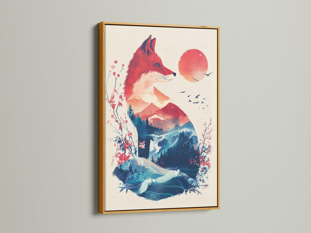 A fox artwork with nature elements is displayed in a gold frame. The art features a fox silhouette filled with mountains. The artwork offers a modern touch. It can enhance any room's aesthetic. It serves as a unique focal point for home decor.