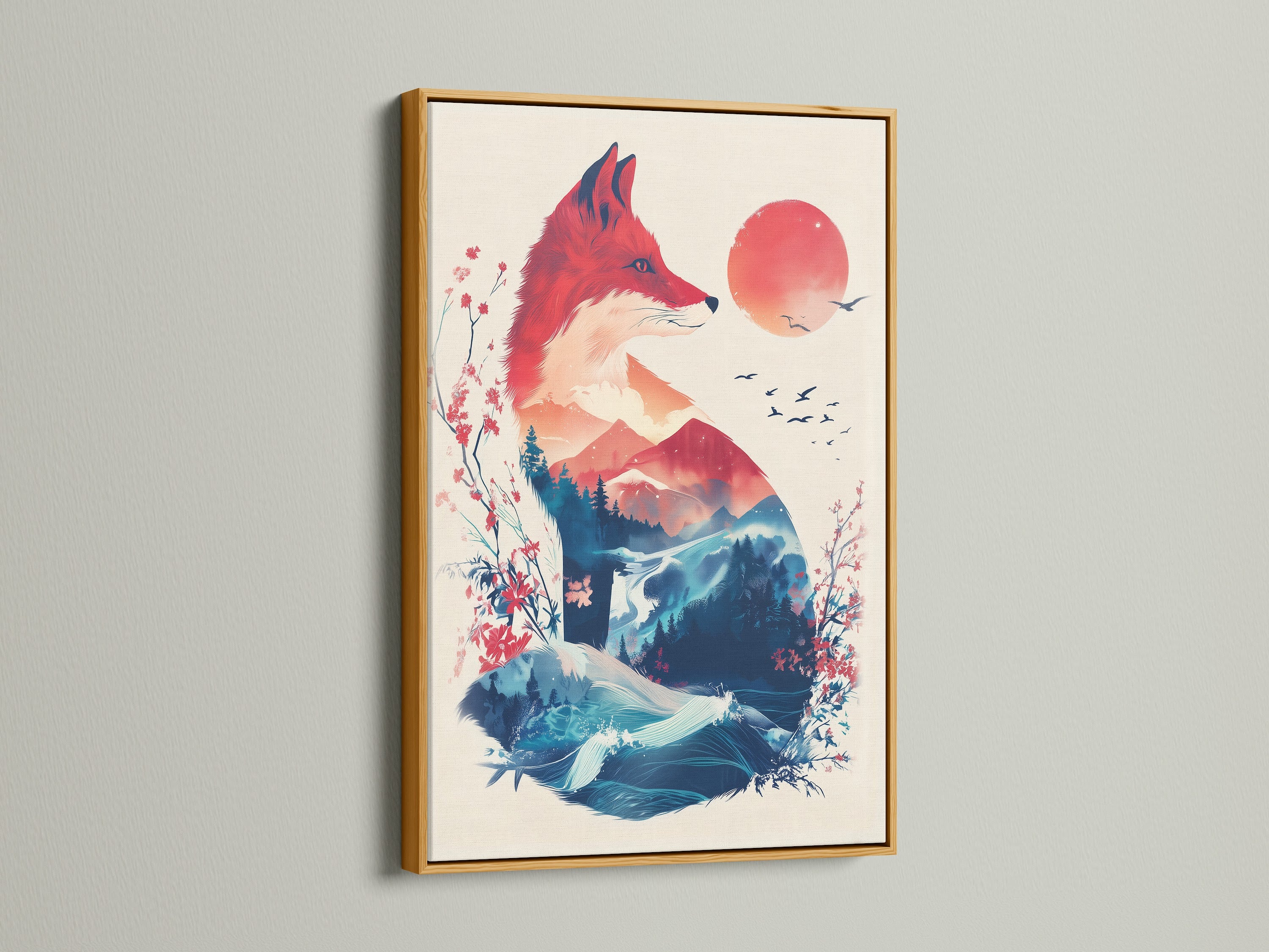 A fox artwork with nature elements is displayed in a gold frame. The art features a fox silhouette filled with mountains. The artwork offers a modern touch. It can enhance any room's aesthetic. It serves as a unique focal point for home decor.