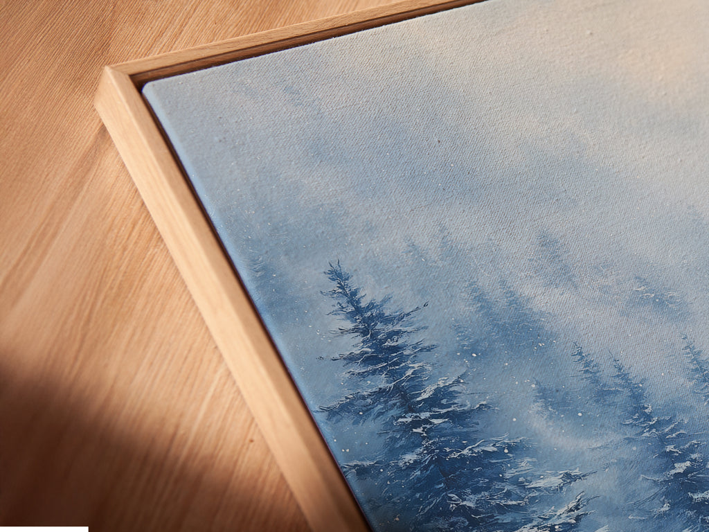 Angled close up of a canvas print in a floating frame. See the detail in this winter cabin artwork. This snowy forest print is perfect for farmhouse styles. Great for bedroom wall decor.