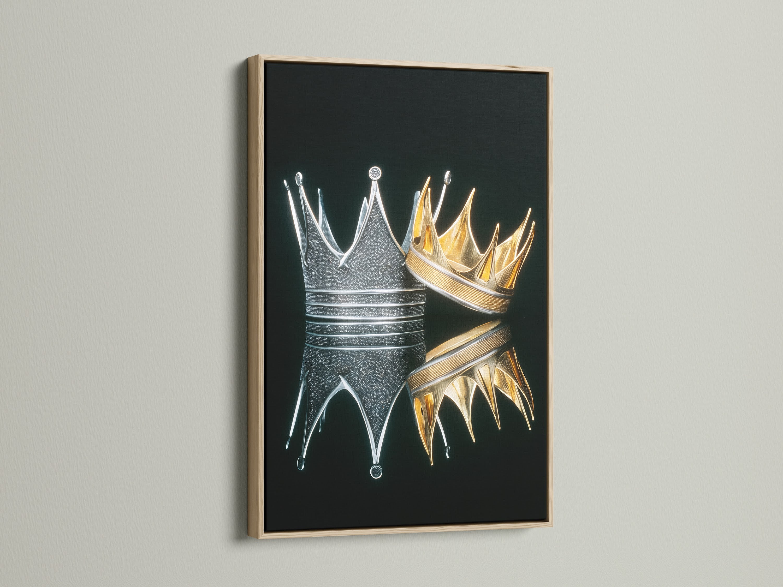 Crowns Canvas Print in an oak frame. The gold and silver royal crowns artwork adds a touch of luxury. Ideal for modern and eclectic interiors. Enhance your living room bedroom or office with this piece. Discover royal wall art now.