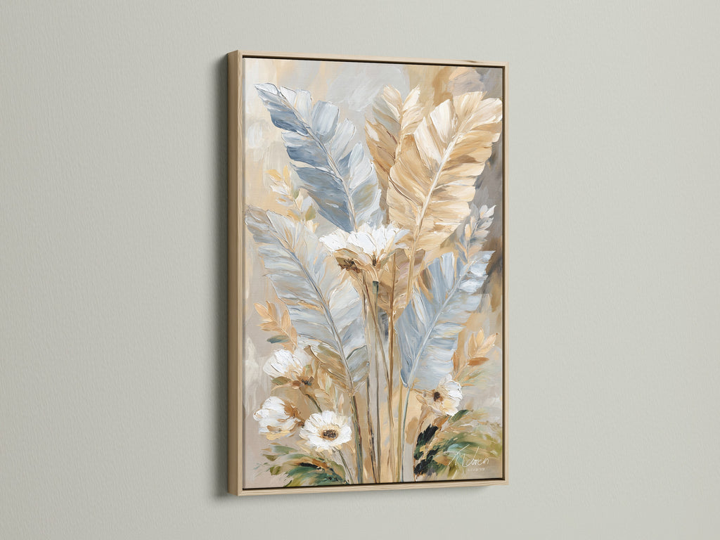 Feather wall art in an oak frame. Neutral canvas art brings a touch of nature indoors. The botanical print is perfect as soft wall decor. Feathers artwork enhances living spaces. The oak frame is a classic choice for this feather art.