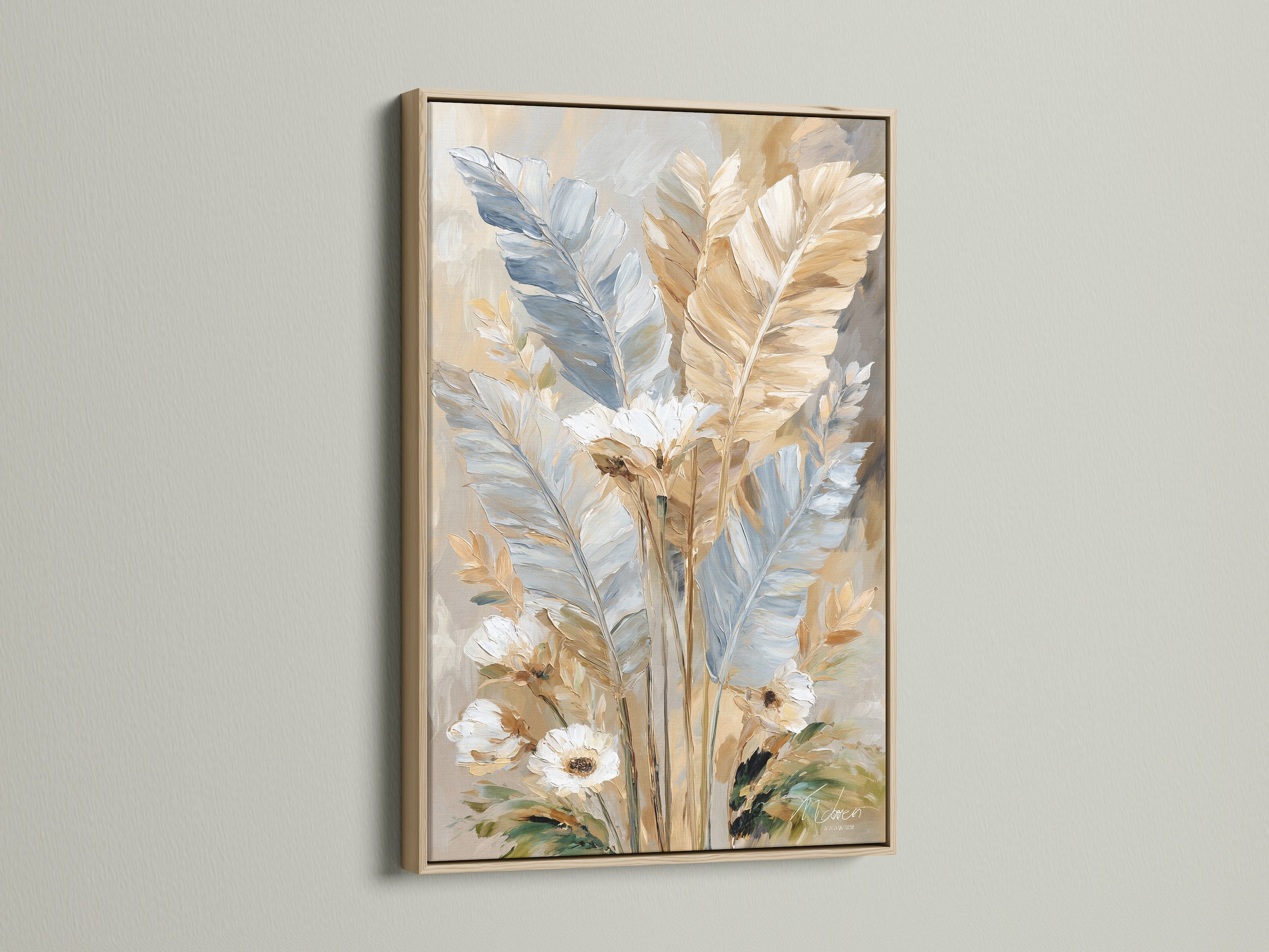 Feather wall art in an oak frame. Neutral canvas art brings a touch of nature indoors. The botanical print is perfect as soft wall decor. Feathers artwork enhances living spaces. The oak frame is a classic choice for this feather art.