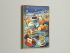 The gold frame accentuates this coastal still life artwork. The beach cafe wall art features a vibrant summer scene. Perfect as kitchen art this piece brings a luxurious feel. Enhance your decor with this colorful art print.