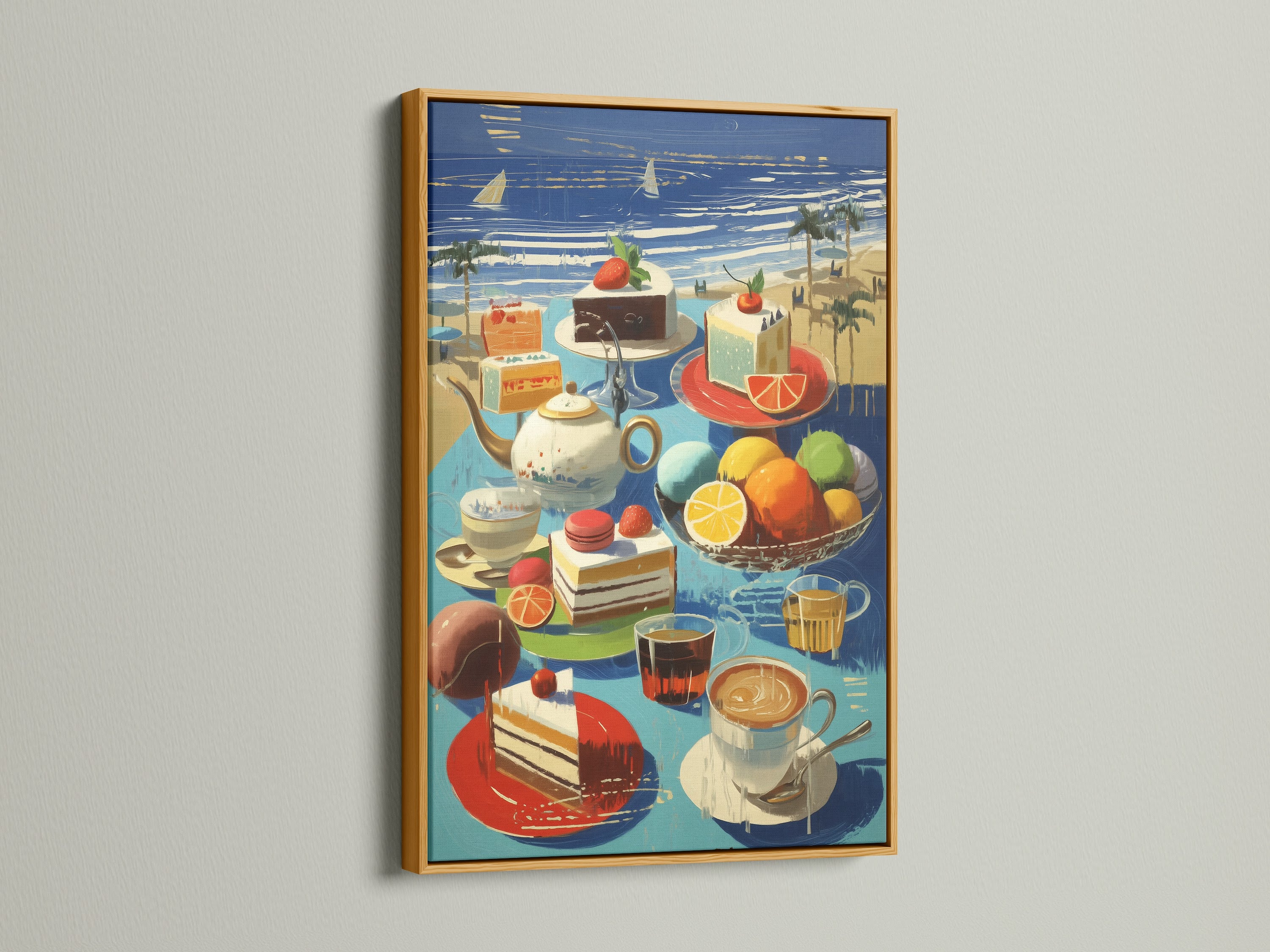 The gold frame accentuates this coastal still life artwork. The beach cafe wall art features a vibrant summer scene. Perfect as kitchen art this piece brings a luxurious feel. Enhance your decor with this colorful art print.