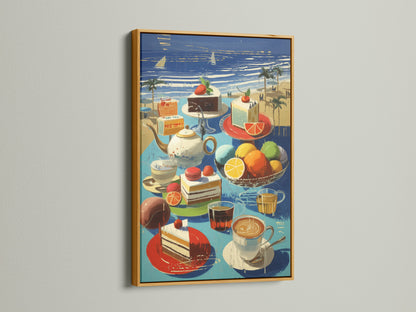 The gold frame accentuates this coastal still life artwork. The beach cafe wall art features a vibrant summer scene. Perfect as kitchen art this piece brings a luxurious feel. Enhance your decor with this colorful art print.