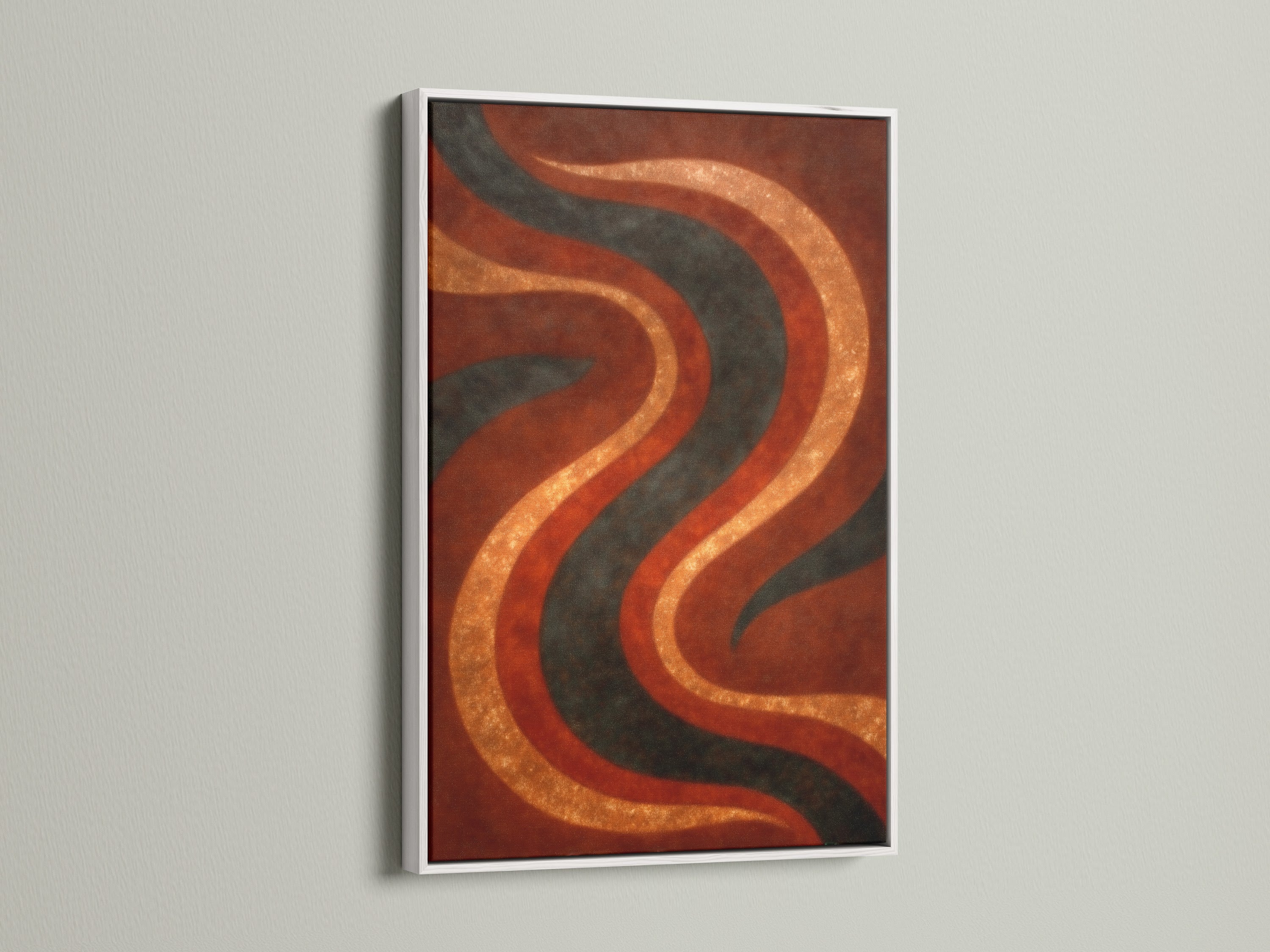 Abstract wave artwork in a white frame. The bright white frame provides a clean modern look. The retro 70s artwork features earthy rust orange and sage green colors. A perfect piece for minimalist homes or office spaces.