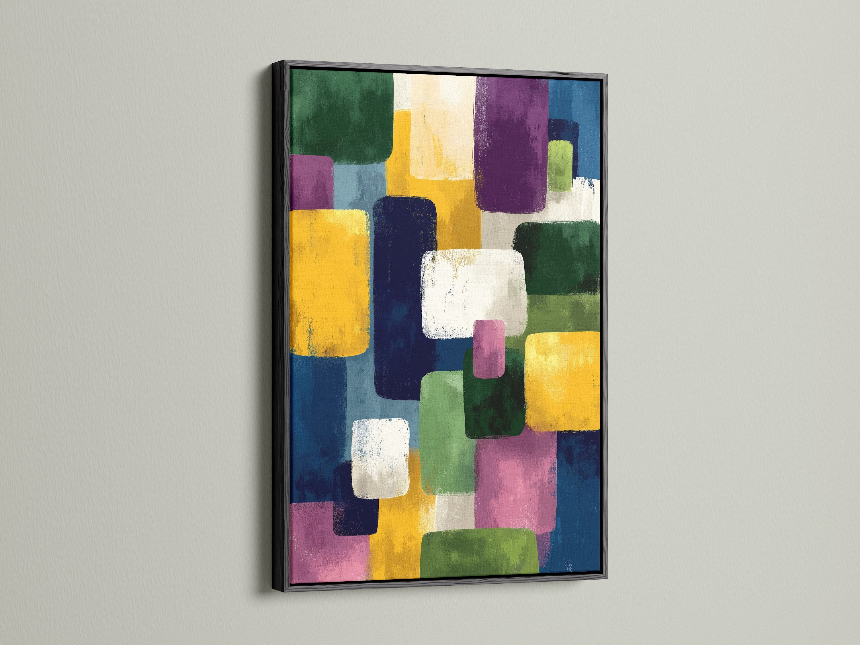 Colorful geometric blocks in black frame.