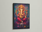Ganesha Canvas Print in a black frame. This spiritual wall decor adds a touch of bohemian art. The Hindu God canvas is perfect for a meditation room. This sacred artwork features an elephant god print. It is colorful spiritual art for your home.