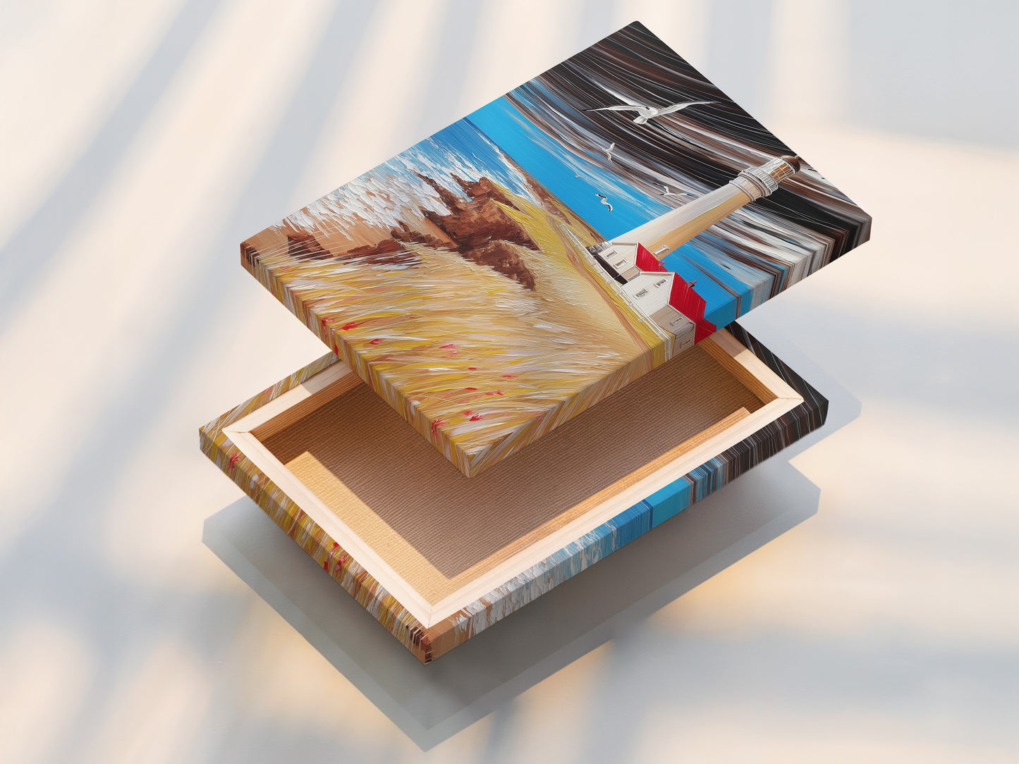 A stretched canvas print featuring a serene lighthouse scene. Coastal wall art ready to hang and enjoy. The nautical seascape enhances beach house decor. Experience ocean view art.