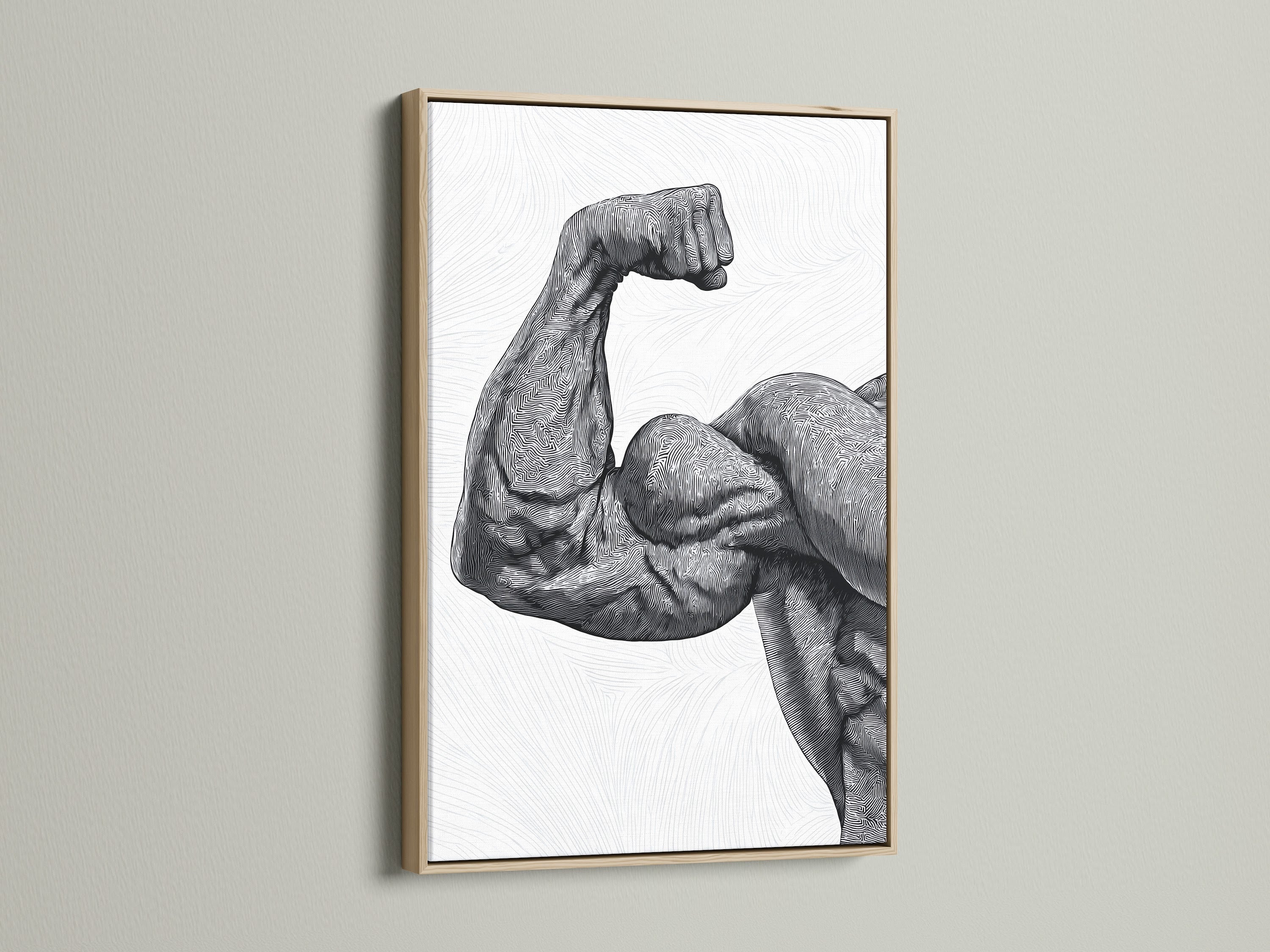A striking artwork of a flexing arm is presented in a natural oak frame. The oak frame adds warmth and elegance to this piece. Perfect for adding a touch of sophistication to any room. Explore our selection of framed artwork. Find the ideal piece to express your personal style. High-quality prints and frames available.