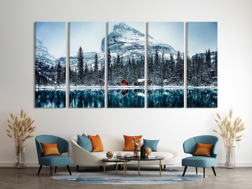 Winter Mountain Canvas Art - Snow Capped Mountain Canvas Print, Snowy Forest and Lake Wall Art, Winter Nature Decor,  Modern Alpine Artwork
