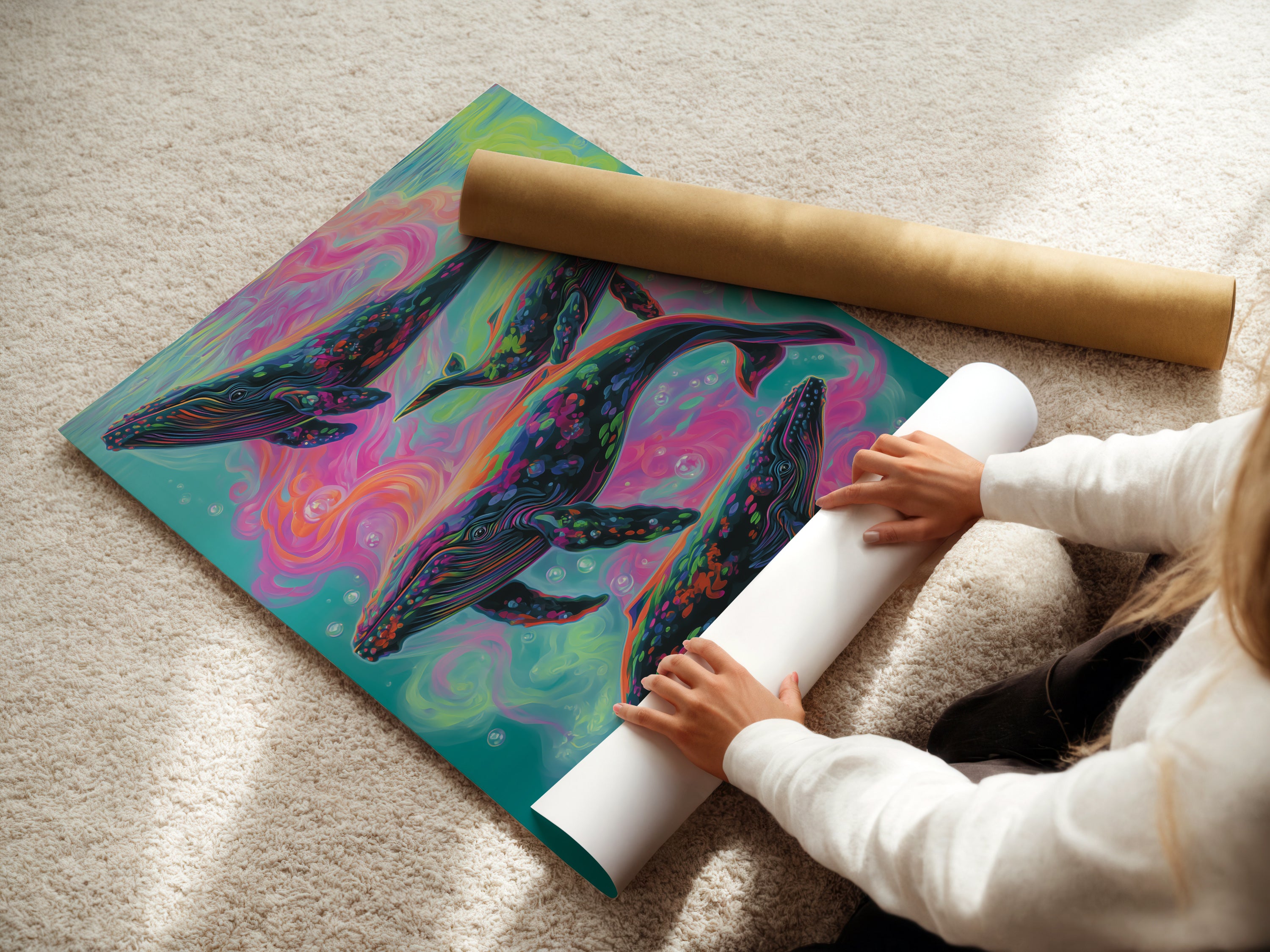 A woman is carefully rolling a fine art poster paper print. The print features a psychedelic ocean artwork with colorful whales. This vibrant marine life art adds a unique touch to any room. Perfect for adding a splash of color and whimsy to your walls. Ideal for bohemian and eclectic styles. A captivating piece for ocean and art enthusiasts.