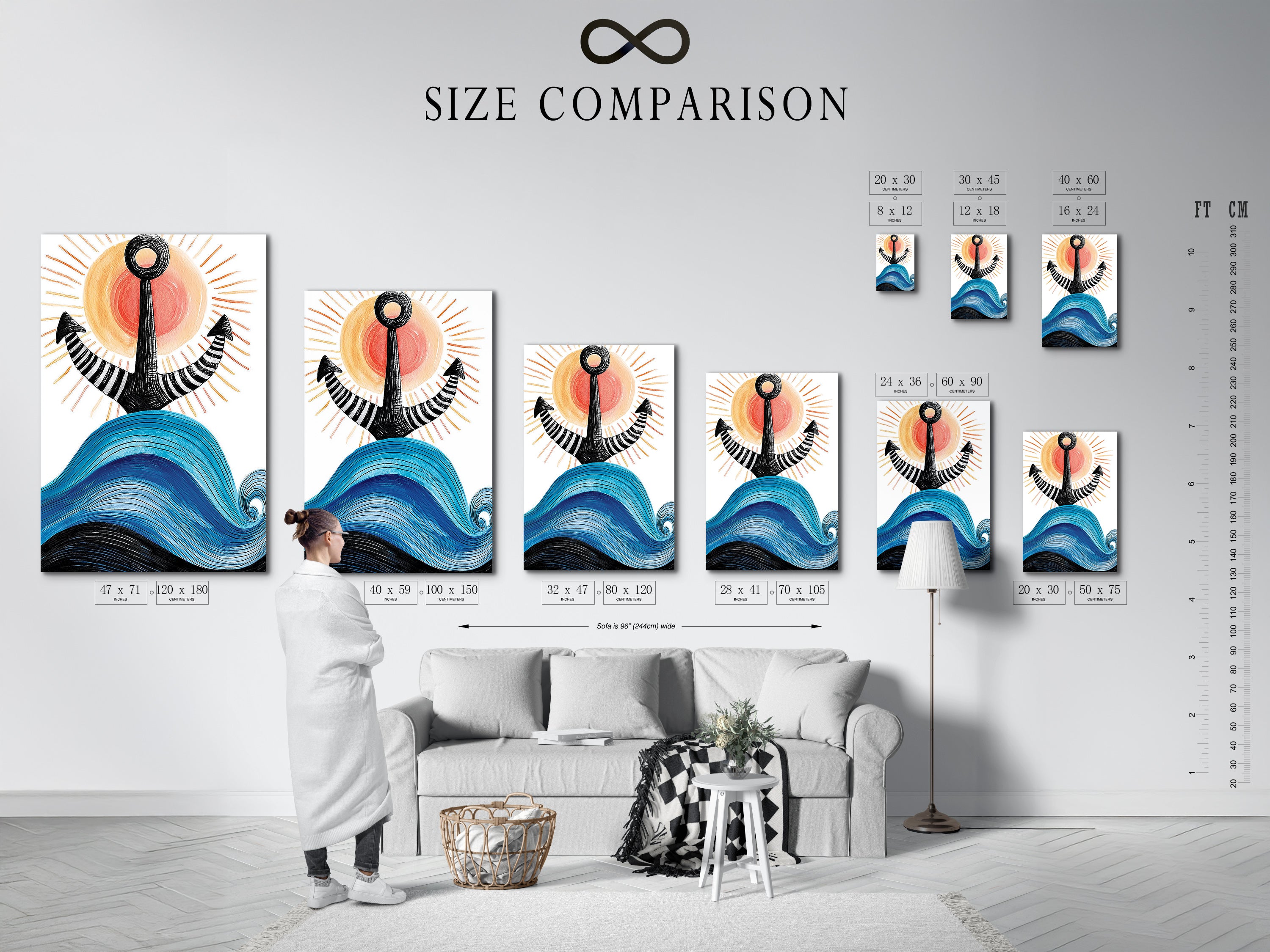 A size comparison chart in an interior setting. This helps you visualize the artwork in different sizes. Choosing the right size ensures the artwork fits your space perfectly. This size chart is helpful for planning your wall decor. Find the ideal dimensions for your living room bedroom or office. Make your artwork selection with confidence.