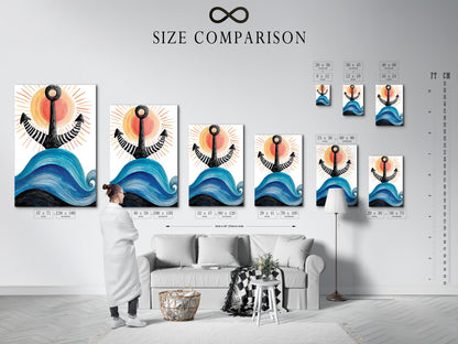 A size comparison chart in an interior setting. This helps you visualize the artwork in different sizes. Choosing the right size ensures the artwork fits your space perfectly. This size chart is helpful for planning your wall decor. Find the ideal dimensions for your living room bedroom or office. Make your artwork selection with confidence.