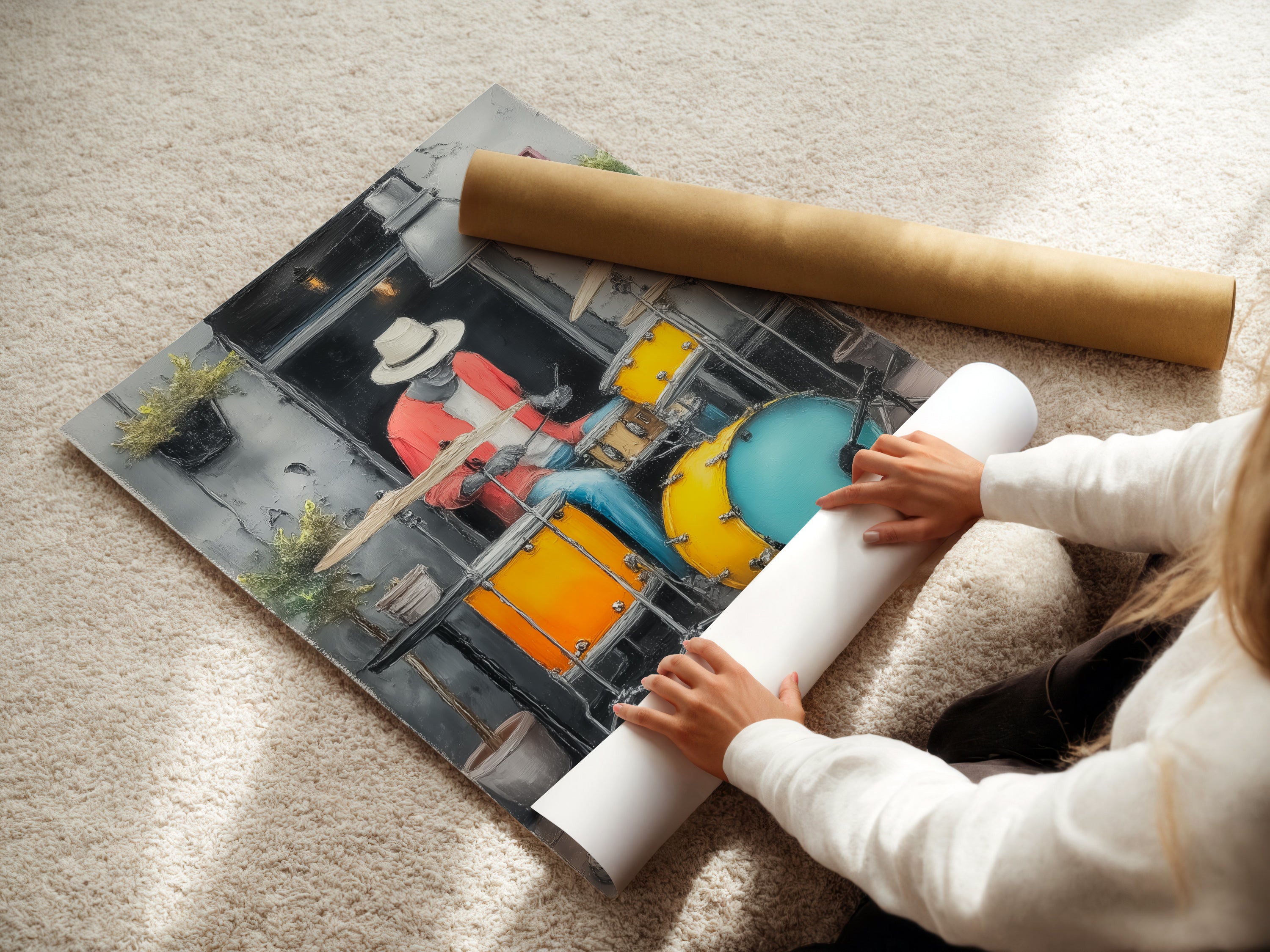 A woman is carefully rolling a fine art poster paper. The poster features the Jazz Drummer artwork. The urban art print is perfect for modern wall decor. Gift this jazz art print to music lovers.