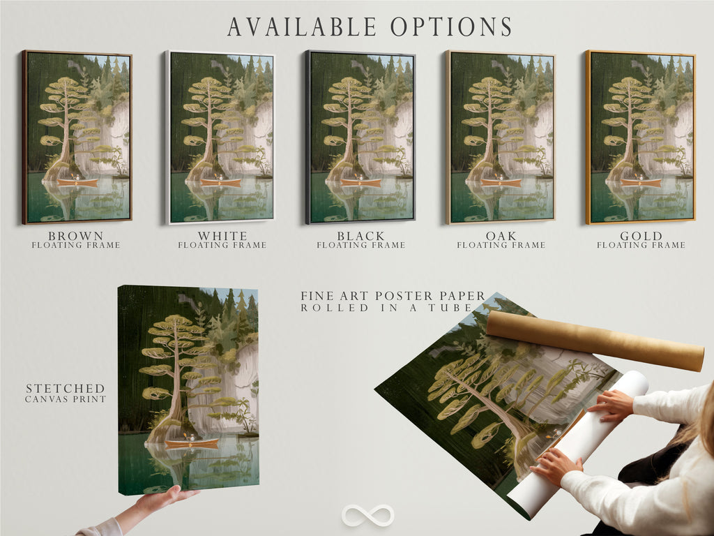 Explore the available options for the Lake and Canoe artwork. Choose from a stretched canvas print fine art poster paper or floating frame. Find the perfect format to suit your style and decor needs. Elevate your space with stunning rustic decor.