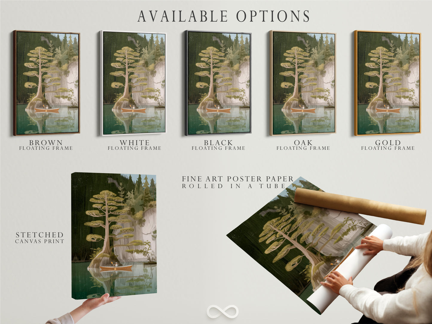 Explore the available options for the Lake and Canoe artwork. Choose from a stretched canvas print fine art poster paper or floating frame. Find the perfect format to suit your style and decor needs. Elevate your space with stunning rustic decor.