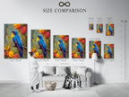 This is a size comparison chart displayed in an interior setting. The chart helps visualize different artwork sizes in a room. The size chart helps you choose the perfect dimensions. This ensures your art complements your space. Use our size comparison chart to find the ideal fit for your home.
