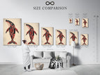 Size comparison chart displayed in an interior. It shows the various sizes available for this whale artwork. Choose the perfect fit for your space. Pacific Northwest native style.