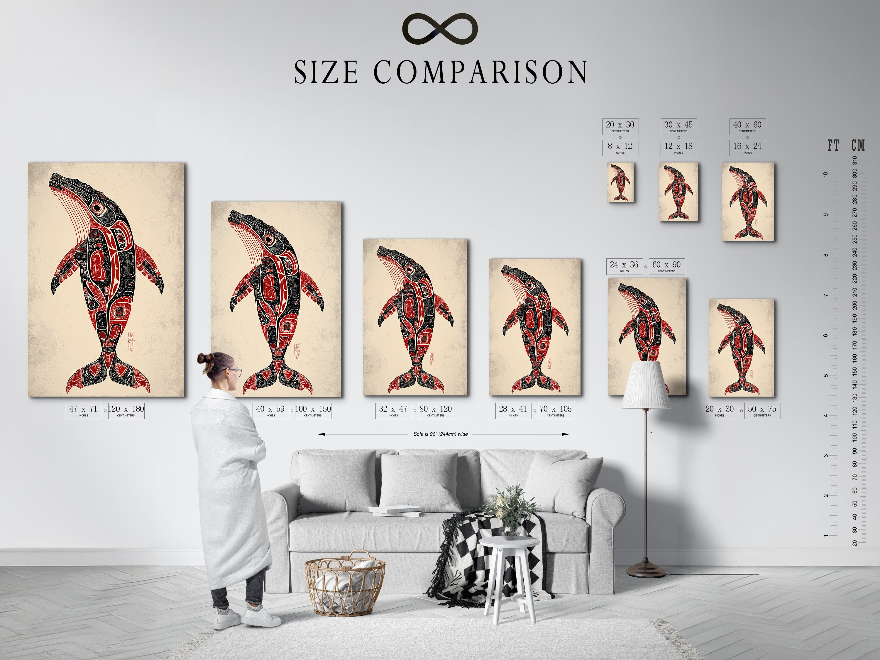 Size comparison chart displayed in an interior. It shows the various sizes available for this whale artwork. Choose the perfect fit for your space. Pacific Northwest native style.