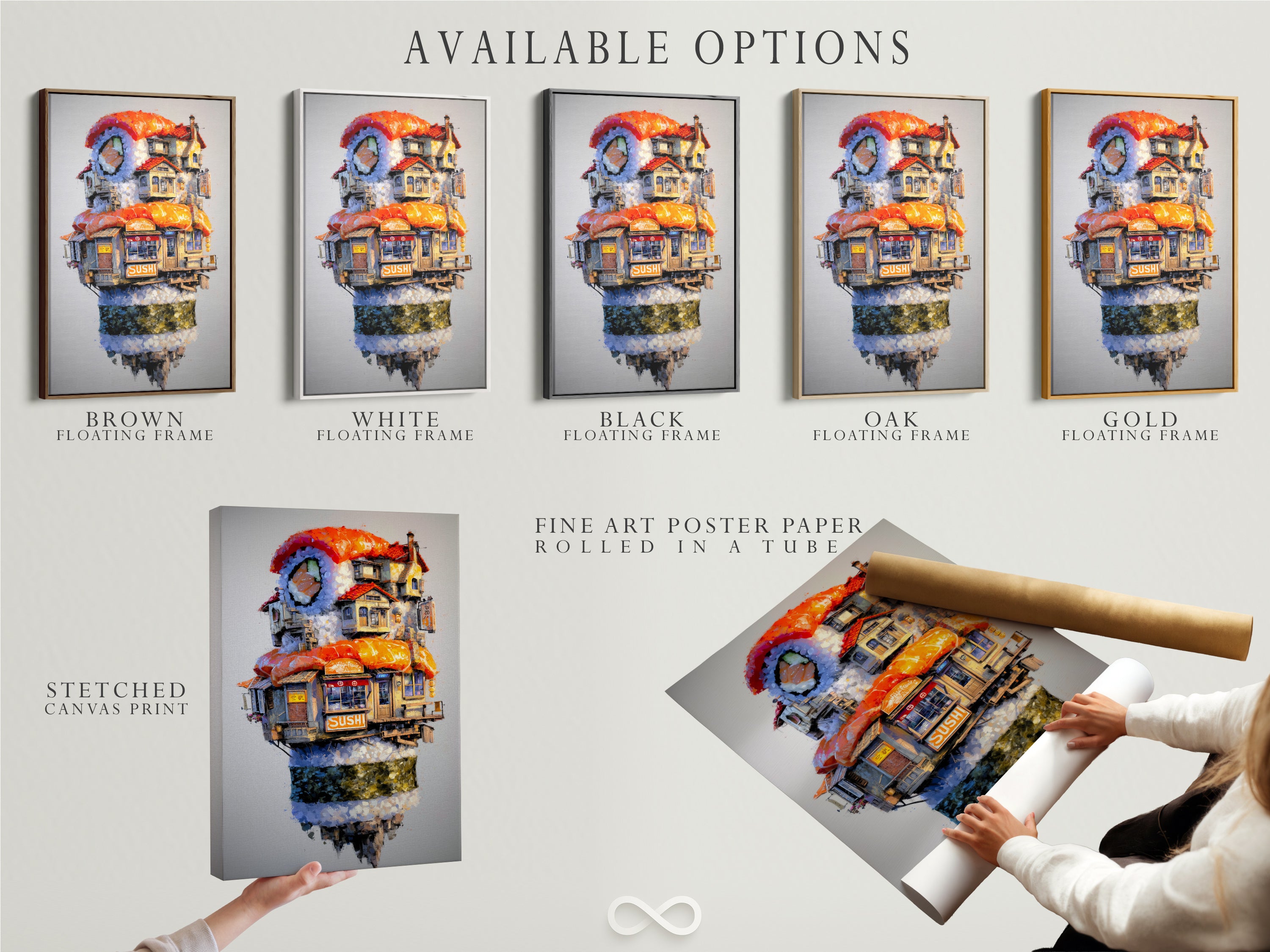 Available options include a stretched canvas print. Also available is a fine art poster paper. And also a floating frame. Choose the perfect option for your sushi artwork. Customize your wall decor.