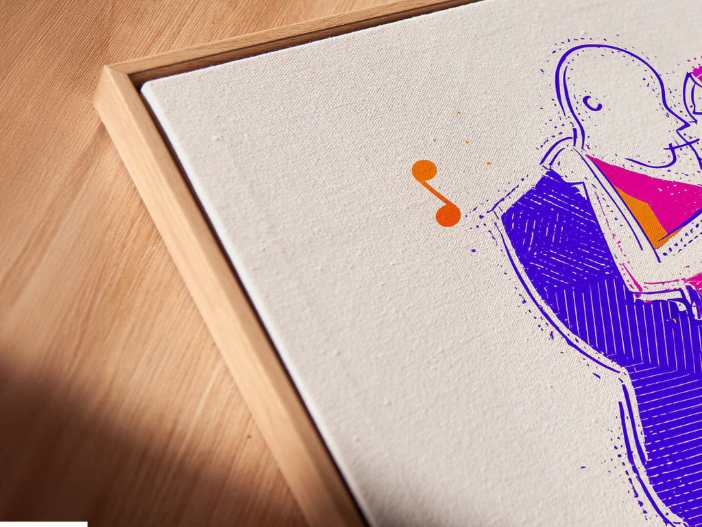 Close-up shows a canvas print in a floating frame. The dancing couple art is a modern line art piece. Abstract figures are finely detailed. This artwork enhances any space. It is ideal as a gift for dancers or art enthusiasts.