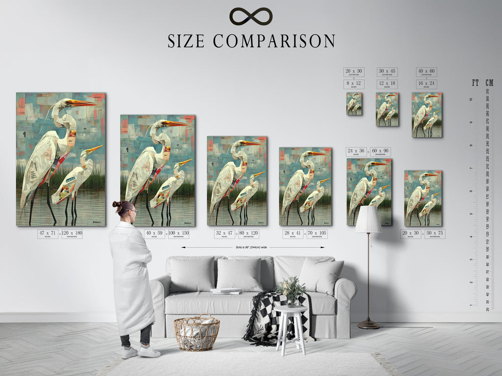 Size comparison chart displayed in interior. See how the heron artwork fits your space. Choose the perfect size for your bird canvas. Envision modern print in your home. Sizes for every room.