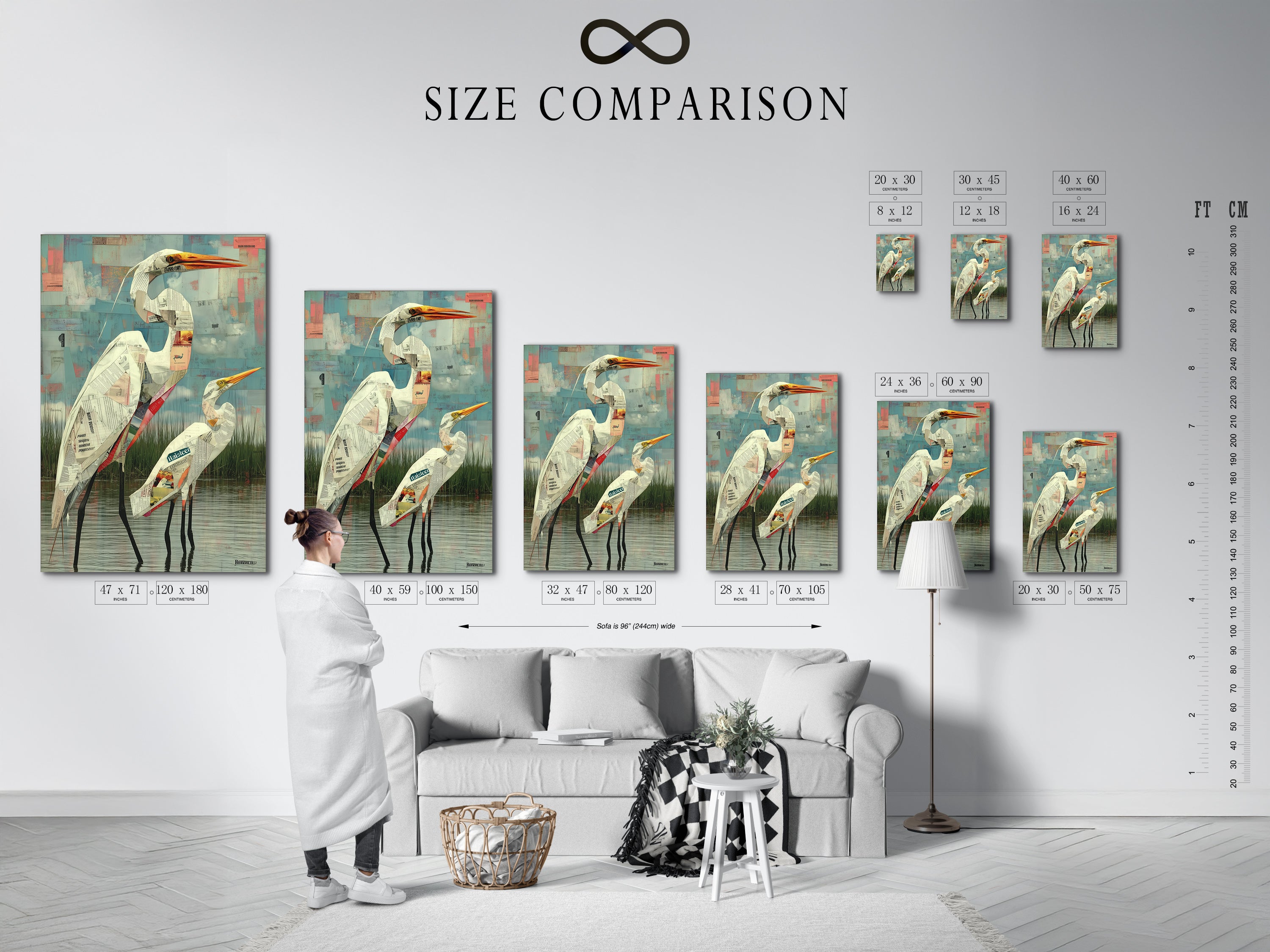 Size comparison chart displayed in interior. See how the heron artwork fits your space. Choose the perfect size for your bird canvas. Envision modern print in your home. Sizes for every room.