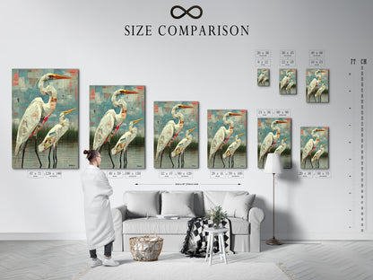 Size comparison chart displayed in interior. See how the heron artwork fits your space. Choose the perfect size for your bird canvas. Envision modern print in your home. Sizes for every room.