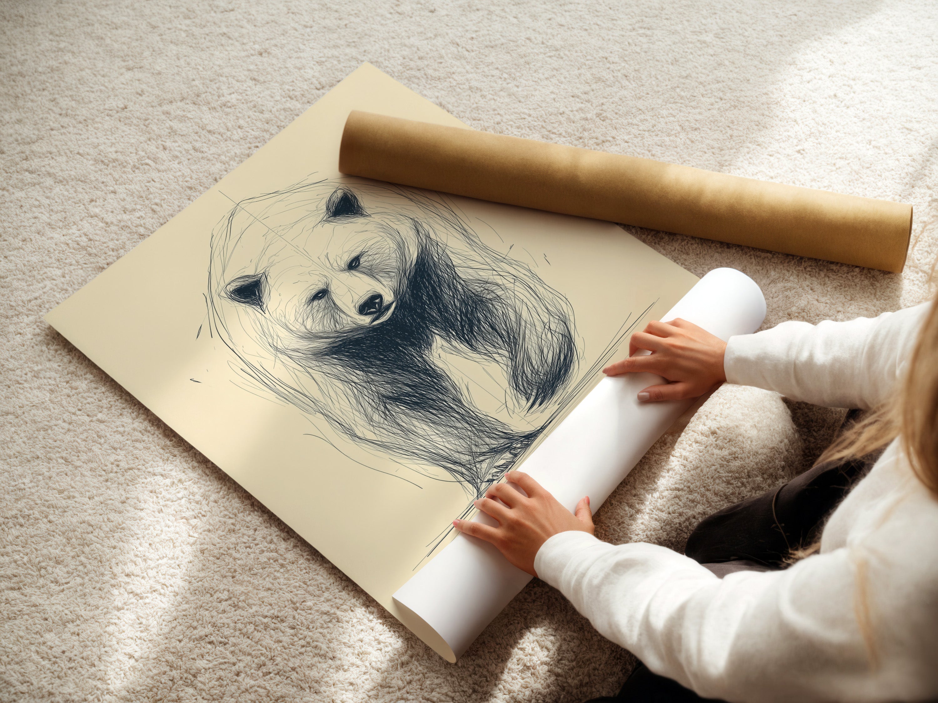 A woman rolling fine art poster paper with a bear art print. This minimalist wildlife sketch is perfect for creating wall decor. The animal drawing is ideal for adding a touch of nature to your space. Great for rustic and cabin style interiors. Enhance your home with unique artwork.