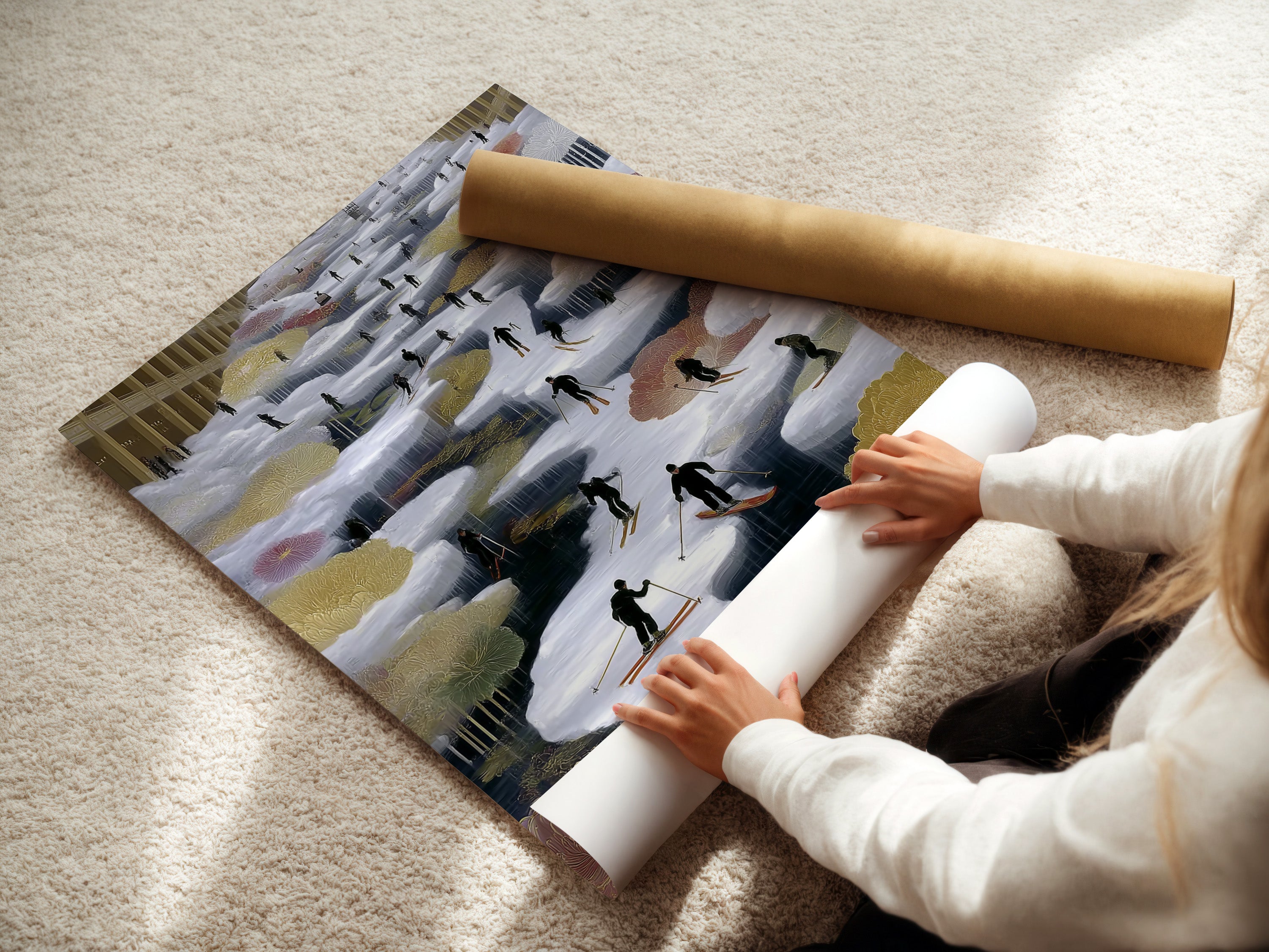 A woman carefully rolls a fine art poster paper. High-quality paper ensures the artwork looks its best. This is perfect for a skiing wall art print. The snowy mountain landscape will be preserved and vibrant. Ready for framing or display.