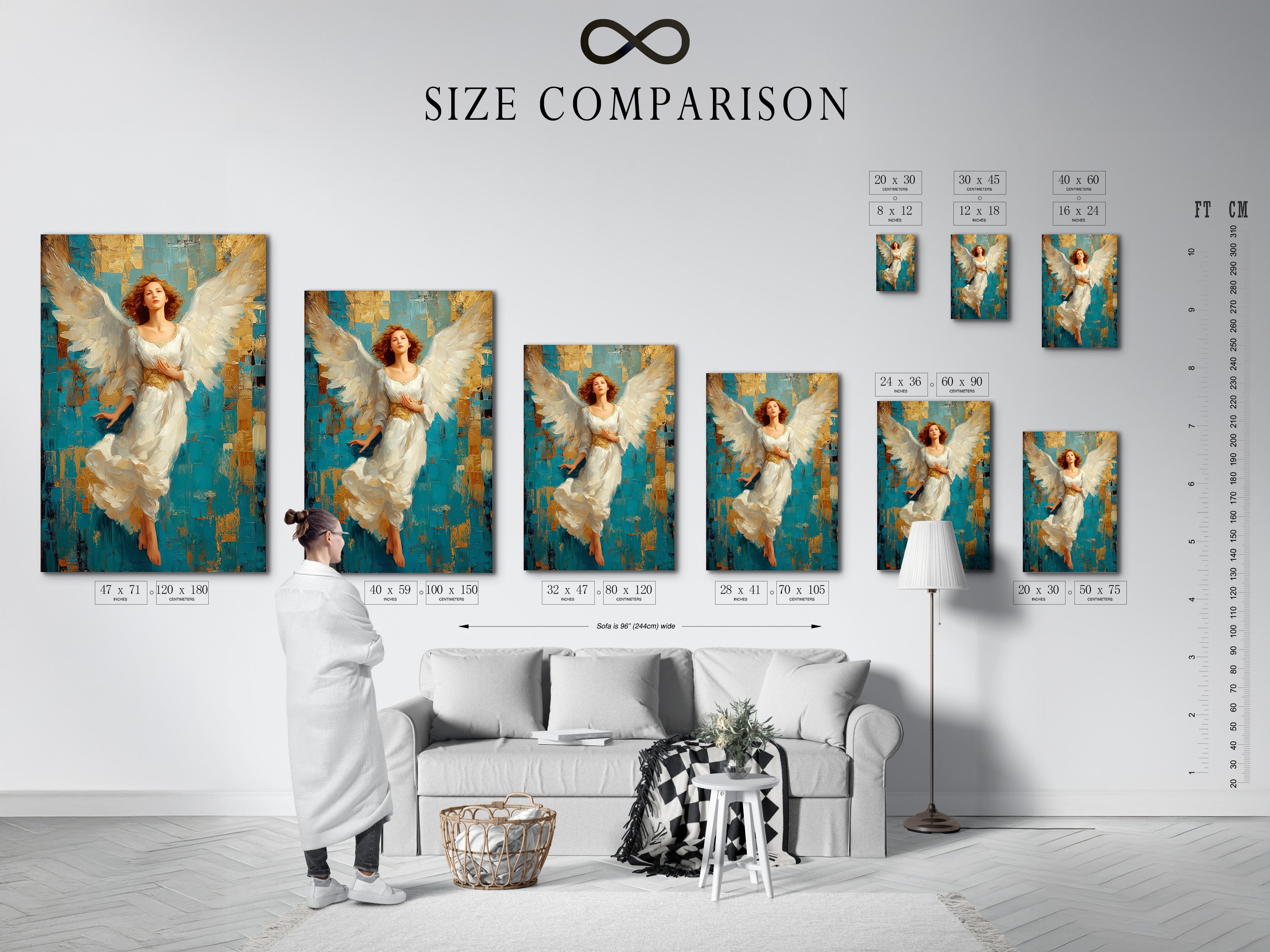 An interior scene featuring a size comparison chart. This chart helps visualize artwork dimensions. It shows how different sizes fit in a room. Use this guide to choose the perfect art size. Make informed decisions for your space.