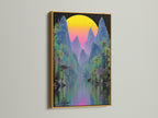 This stunning tropical print is beautifully presented in a gold frame. The artwork showcases a vaporwave sunset over a mountain landscape. The cyberpunk decor elements add a modern touch. Bring the summer indoors with this nature wall art.