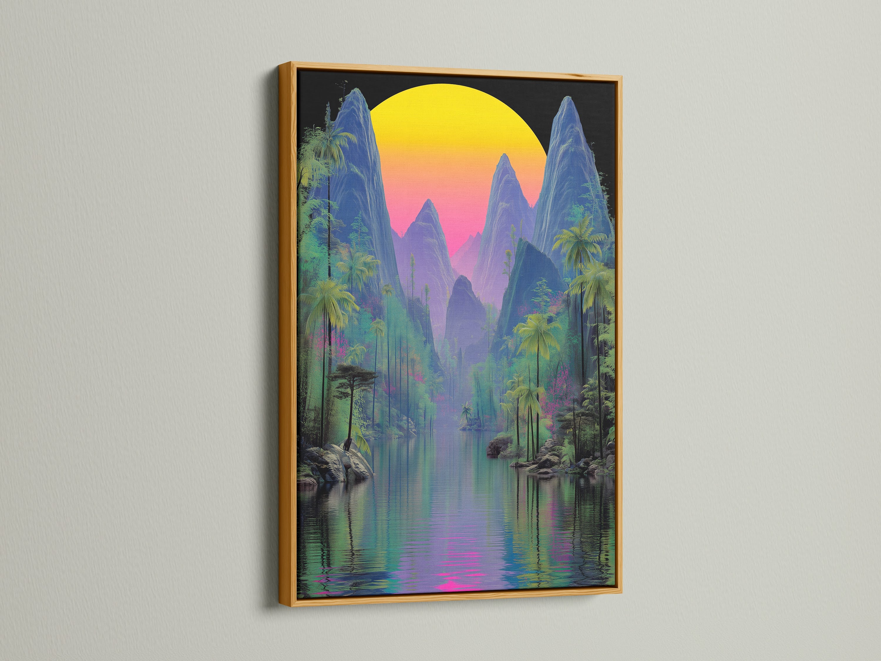 This stunning tropical print is beautifully presented in a gold frame. The artwork showcases a vaporwave sunset over a mountain landscape. The cyberpunk decor elements add a modern touch. Bring the summer indoors with this nature wall art.