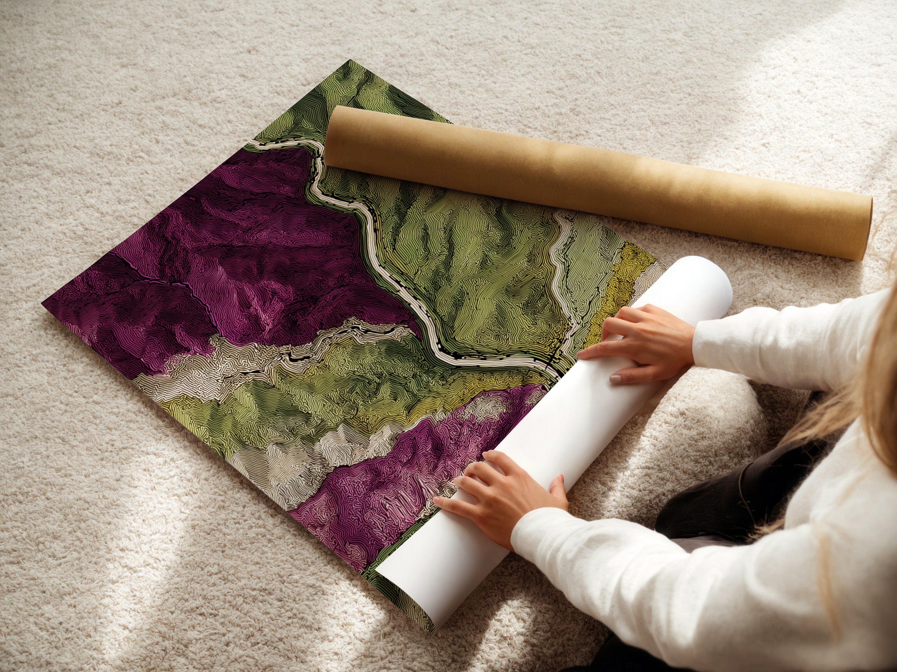 A woman is carefully rolling a fine art poster paper. The paper is a high-quality material. It is designed for printing detailed artwork. The process ensures the artwork remains pristine. The poster paper is perfect for art enthusiasts. The quality ensures long-lasting beauty.