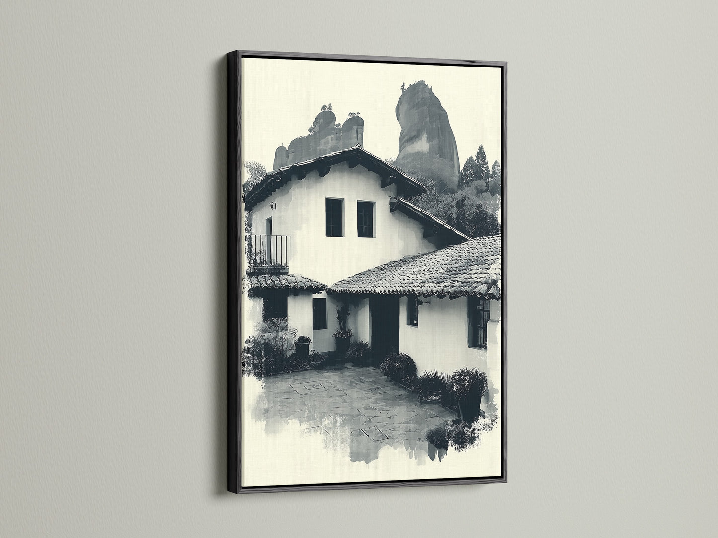 The monochrome Hacienda artwork is displayed in a black frame. This architecture artwork adds a touch of sophistication. The monochrome decor complements traditional aesthetics. It is perfect for boutiques and studies.