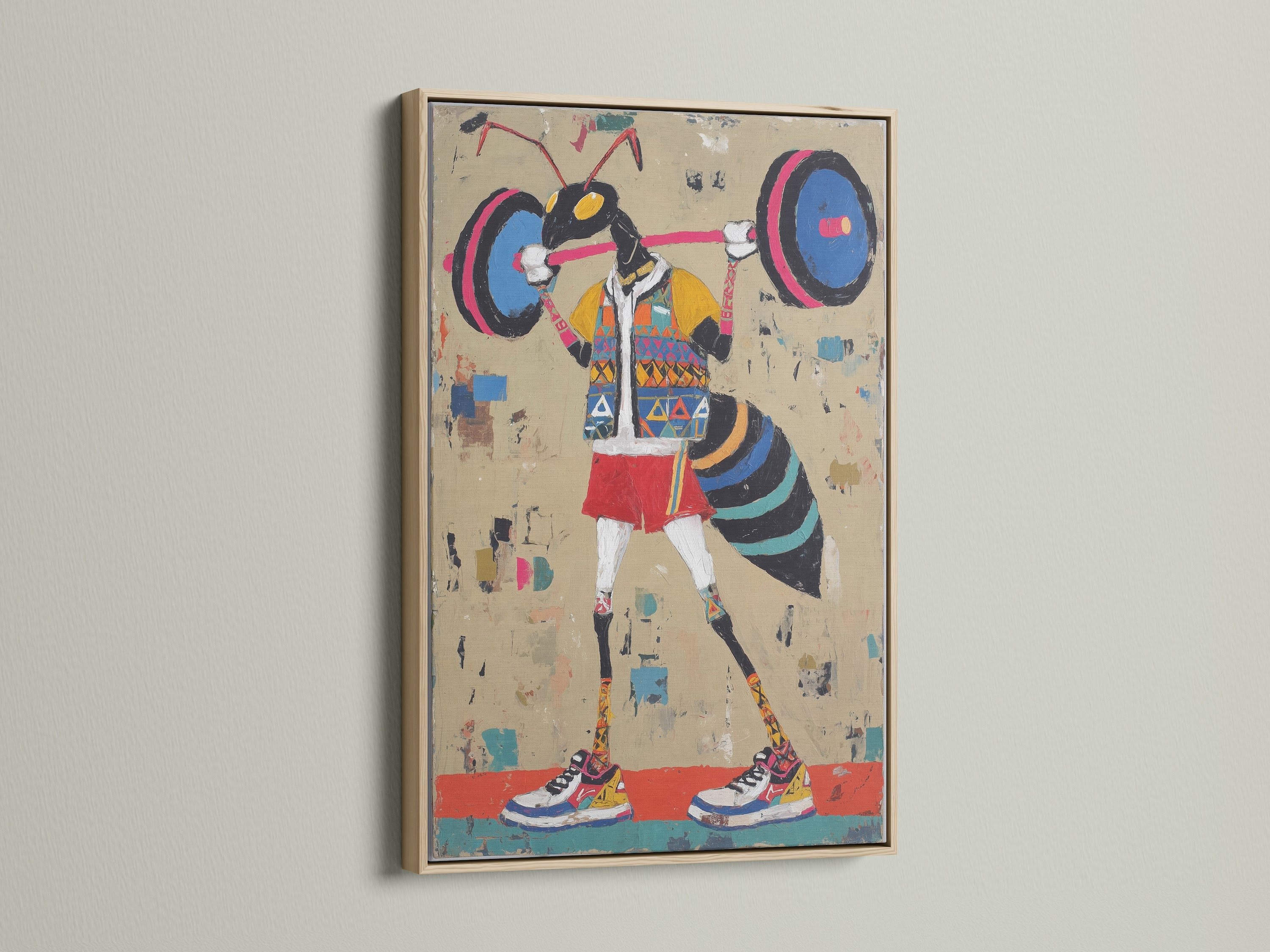 Weightlifter art is showcased in an oak frame. This fitness art print brings a retro sports vibe to any room. Ideal for adding workout motivation to your home gym wall art. This vintage fitness canvas print features a beige and black primary color scheme. Perfect for those seeking playful wall decor with a minimalist style.