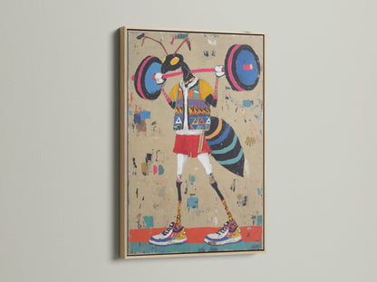 Weightlifter art is showcased in an oak frame. This fitness art print brings a retro sports vibe to any room. Ideal for adding workout motivation to your home gym wall art. This vintage fitness canvas print features a beige and black primary color scheme. Perfect for those seeking playful wall decor with a minimalist style.