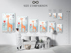 A size comparison chart shows the giraffe art print in various interior settings. Visualize the perfect size for your nursery wall art. The chart helps you choose the right dimensions for your kids canvas print. Shop now.
