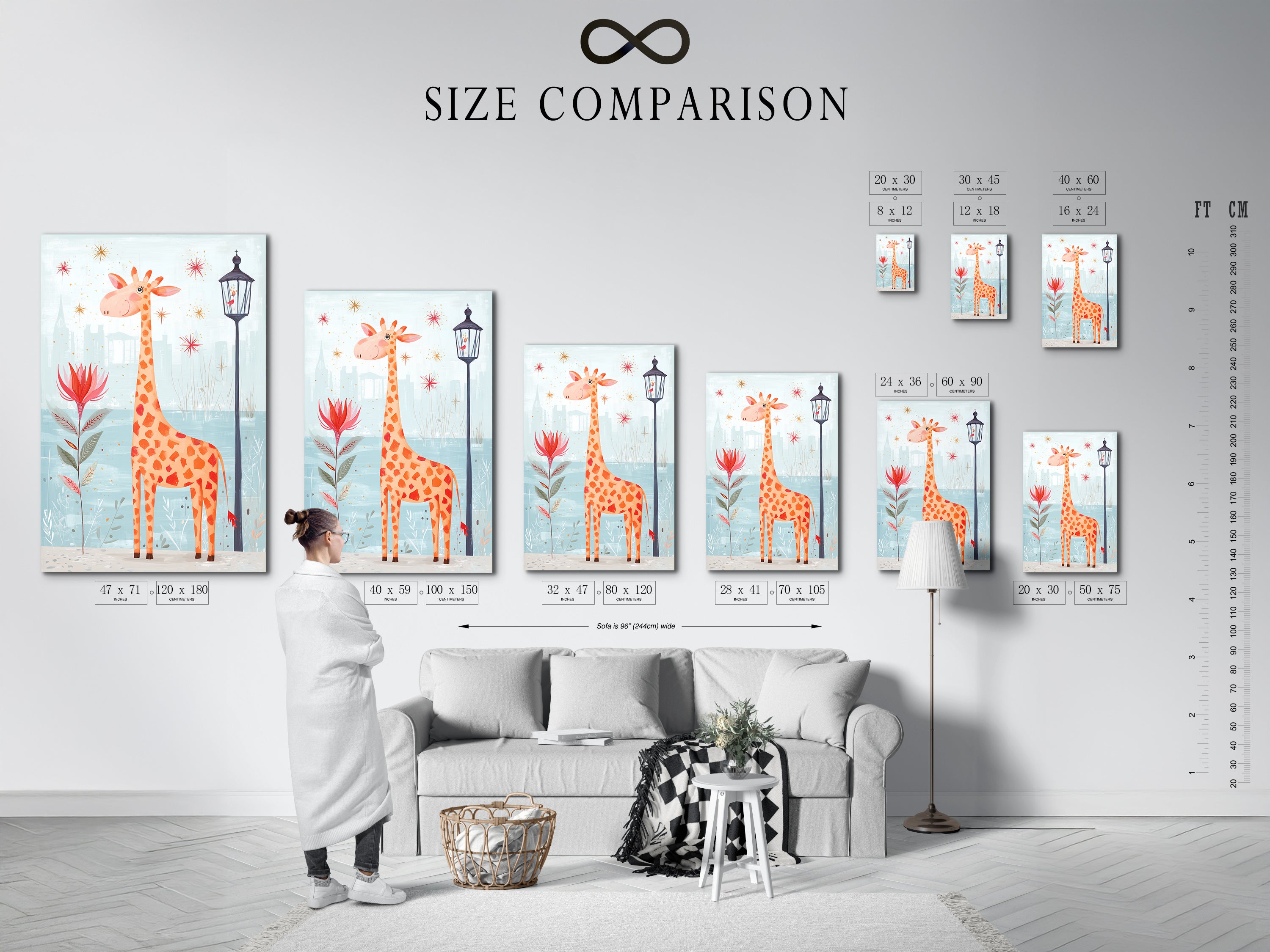 A size comparison chart shows the giraffe art print in various interior settings. Visualize the perfect size for your nursery wall art. The chart helps you choose the right dimensions for your kids canvas print. Shop now.